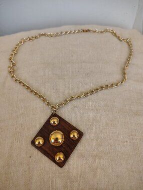 Sarah Coventry Vintage wood and gold tone dome metal cabochon necklace